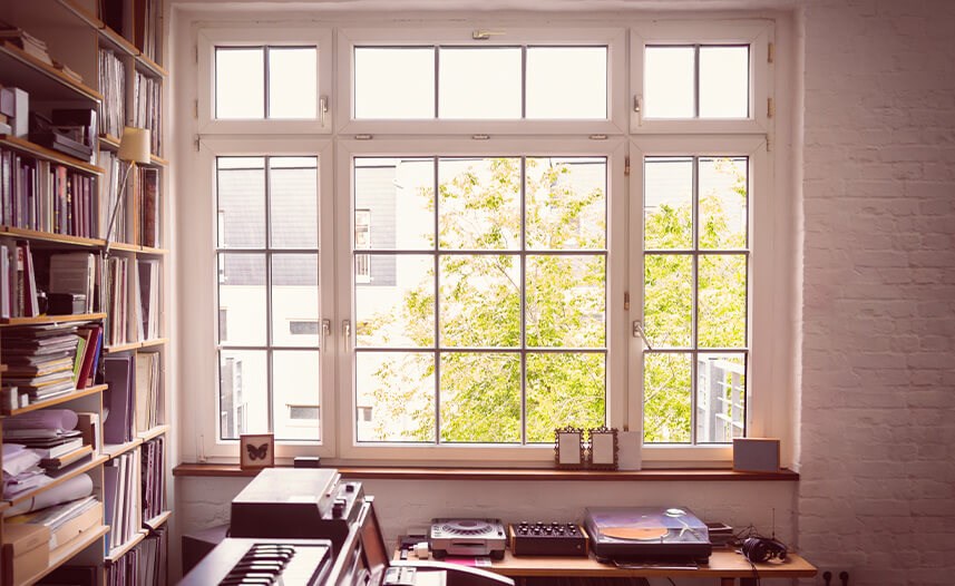Large casement office window in Massachusetts area home